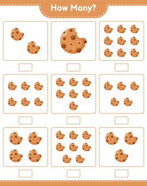 Oyun sayıyorum, kaç tane kurabiye. Eğitimsel çocuk oyunu, yazdırılabilir çalışma tablosu, vektör illüstrasyonu