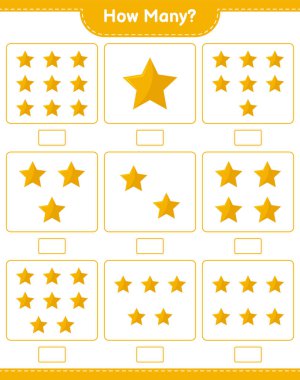 Maç sayıyorum, kaç yıldız var. Eğitimsel çocuk oyunu, yazdırılabilir çalışma tablosu, vektör illüstrasyonu