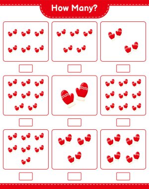 Maç sayısı, kaç tane Mitten. Eğitimsel çocuk oyunu, yazdırılabilir çalışma tablosu, vektör illüstrasyonu