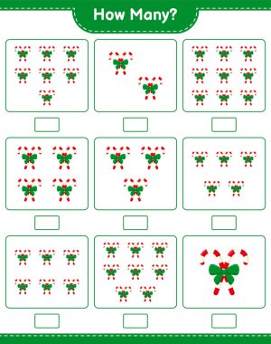 Maç sayıyorum, kurdeleli kaç tane şeker kamışı. Eğitimsel çocuk oyunu, yazdırılabilir çalışma tablosu, vektör illüstrasyonu