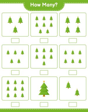 Oyun sayıyorum, kaç Noel Ağacı var. Eğitimsel çocuk oyunu, yazdırılabilir çalışma tablosu, vektör illüstrasyonu
