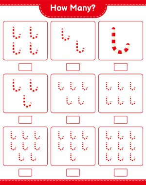 Maç sayısı, kaç tane şeker kamışı. Eğitimsel çocuk oyunu, yazdırılabilir çalışma tablosu, vektör illüstrasyonu