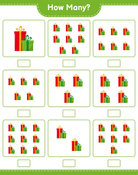 Counting Game How Many Gift Boxes Educational Children Game Printable — Stock Vector