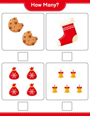 Oyun sayılıyor, kaç noel dekorasyonu eğitici çocuk oyunu, yazdırılabilir çalışma tablosu, vektör illüstrasyonu