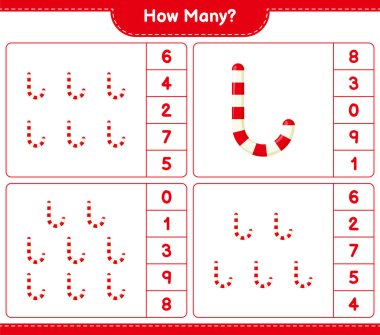 Maç sayısı, kaç tane şeker kamışı. Eğitimsel çocuk oyunu, yazdırılabilir çalışma tablosu, vektör illüstrasyonu