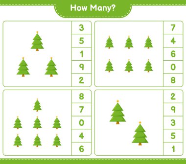 Oyun sayıyorum, kaç Noel Ağacı var. Eğitimsel çocuk oyunu, yazdırılabilir çalışma tablosu, vektör illüstrasyonu