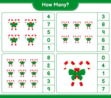 Maç sayıyorum, kurdeleli kaç tane şeker kamışı. Eğitimsel çocuk oyunu, yazdırılabilir çalışma tablosu, vektör illüstrasyonu