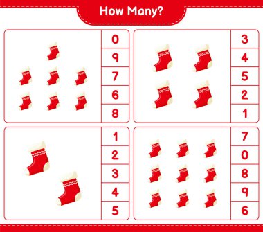 Maç sayıyorum, kaç tane Noel Çorabı. Eğitimsel çocuk oyunu, yazdırılabilir çalışma tablosu, vektör illüstrasyonu