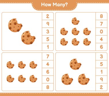 Oyun sayıyorum, kaç tane kurabiye. Eğitimsel çocuk oyunu, yazdırılabilir çalışma tablosu, vektör illüstrasyonu