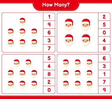 Oyun sayıyorum, kaç tane Noel Baba var. Eğitimsel çocuk oyunu, yazdırılabilir çalışma tablosu, vektör illüstrasyonu
