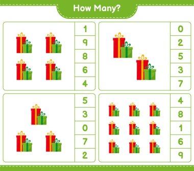 Sayma oyunu, kaç tane hediye kutusu var. Eğitimsel çocuk oyunu, yazdırılabilir çalışma tablosu, vektör illüstrasyonu