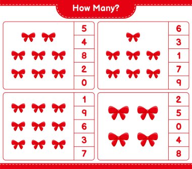 Maç sayısı, kaç kurdele. Eğitimsel çocuk oyunu, yazdırılabilir çalışma tablosu, vektör illüstrasyonu