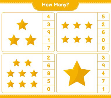 Maç sayıyorum, kaç yıldız var. Eğitimsel çocuk oyunu, yazdırılabilir çalışma tablosu, vektör illüstrasyonu