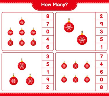 Maç sayıyorum, kaç tane Noel Balosu var? Eğitimsel çocuk oyunu, yazdırılabilir çalışma tablosu, vektör illüstrasyonu