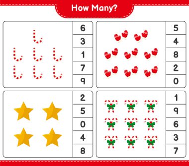 Oyun sayılıyor, kaç noel dekorasyonu eğitici çocuk oyunu, yazdırılabilir çalışma tablosu, vektör illüstrasyonu