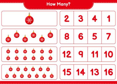 Maç sayıyorum, kaç tane Noel Balosu var? Eğitimsel çocuk oyunu, yazdırılabilir çalışma tablosu, vektör illüstrasyonu