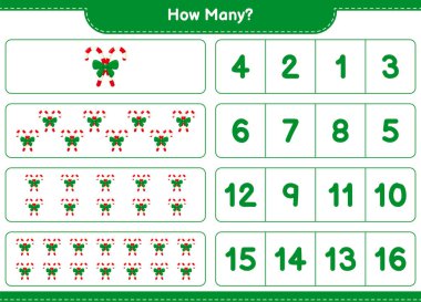 Maç sayıyorum, kurdeleli kaç tane şeker kamışı. Eğitimsel çocuk oyunu, yazdırılabilir çalışma tablosu, vektör illüstrasyonu