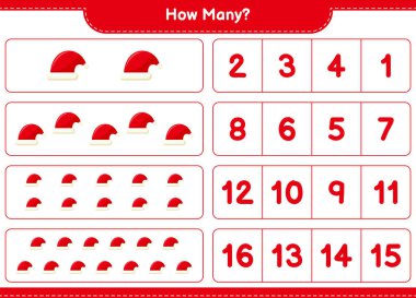 Oyun sayıyorum, kaç tane Noel Baba şapkası var? Eğitimsel çocuk oyunu, yazdırılabilir çalışma tablosu, vektör illüstrasyonu