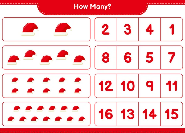 Oyun sayıyorum, kaç tane Noel Baba şapkası var? Eğitimsel çocuk oyunu, yazdırılabilir çalışma tablosu, vektör illüstrasyonu