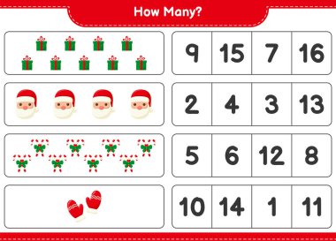 Oyun sayılıyor, kaç noel dekorasyonu eğitici çocuk oyunu, yazdırılabilir çalışma tablosu, vektör illüstrasyonu