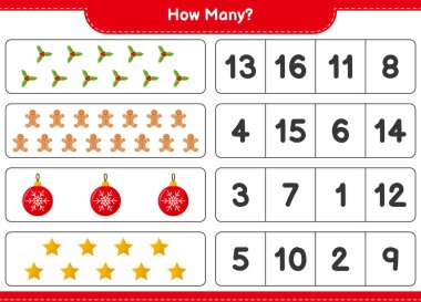 Oyun sayılıyor, kaç noel dekorasyonu eğitici çocuk oyunu, yazdırılabilir çalışma tablosu, vektör illüstrasyonu