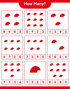 Oyun sayıyorum, kaç tane Noel Baba şapkası var? Eğitimsel çocuk oyunu, yazdırılabilir çalışma tablosu, vektör illüstrasyonu