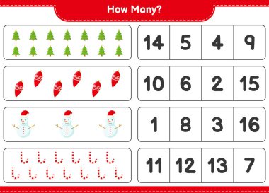 Oyun sayılıyor, kaç noel dekorasyonu eğitici çocuk oyunu, yazdırılabilir çalışma tablosu, vektör illüstrasyonu