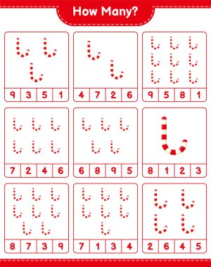 Maç sayısı, kaç tane şeker kamışı. Eğitimsel çocuk oyunu, yazdırılabilir çalışma tablosu, vektör illüstrasyonu