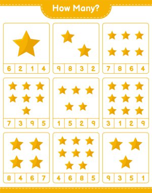 Maç sayıyorum, kaç yıldız var. Eğitimsel çocuk oyunu, yazdırılabilir çalışma tablosu, vektör illüstrasyonu