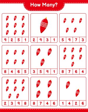 Maç sayıyorum, kaç tane Noel Işığı var? Eğitimsel çocuk oyunu, yazdırılabilir çalışma tablosu, vektör illüstrasyonu