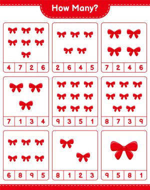 Maç sayısı, kaç kurdele. Eğitimsel çocuk oyunu, yazdırılabilir çalışma tablosu, vektör illüstrasyonu