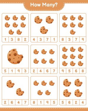 Oyun sayıyorum, kaç tane kurabiye. Eğitimsel çocuk oyunu, yazdırılabilir çalışma tablosu, vektör illüstrasyonu