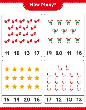 Oyun sayılıyor, kaç noel dekorasyonu eğitici çocuk oyunu, yazdırılabilir çalışma tablosu, vektör illüstrasyonu