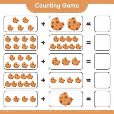 Oyun sayılıyor, Kurabiye sayısını say ve sonucu yaz. Eğitimsel çocuk oyunu, yazdırılabilir çalışma tablosu, vektör illüstrasyonu