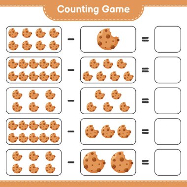 Oyun sayılıyor, Kurabiye sayısını say ve sonucu yaz. Eğitimsel çocuk oyunu, yazdırılabilir çalışma tablosu, vektör illüstrasyonu