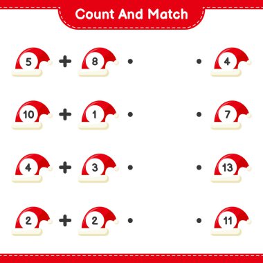 Say ve eşleştir, Santa Hat 'ın sayısını say ve doğru sayılarla eşleştir. Eğitimsel çocuk oyunu, yazdırılabilir çalışma tablosu, vektör illüstrasyonu