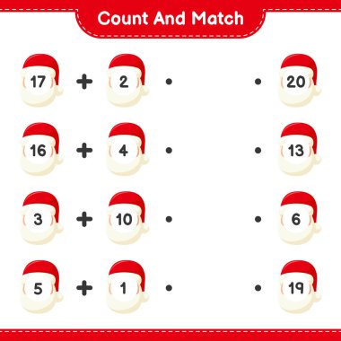 Say ve eşleştir, Noel Baba sayısını say ve doğru rakamlarla eşleştir. Eğitimsel çocuk oyunu, yazdırılabilir çalışma tablosu, vektör illüstrasyonu