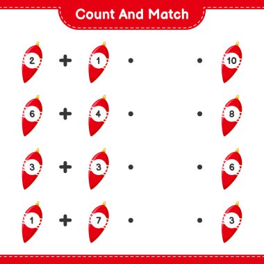 Say ve eşleştir, Noel ışıklarını say ve doğru sayılarla eşleştir. Eğitimsel çocuk oyunu, yazdırılabilir çalışma tablosu, vektör illüstrasyonu