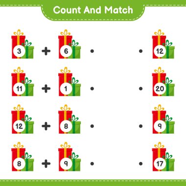 Say ve eşleştir, hediye kutularının sayısını say ve doğru numaralarla eşleştir. Eğitimsel çocuk oyunu, yazdırılabilir çalışma tablosu, vektör illüstrasyonu