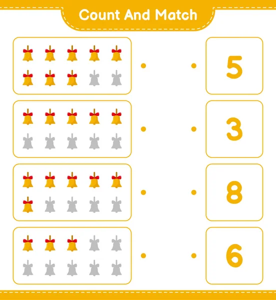 计数和匹配 计数的数字黄金圣诞钟声和匹配与正确的数字 教育儿童游戏 可打印工作表 矢量图解 — 图库矢量图片