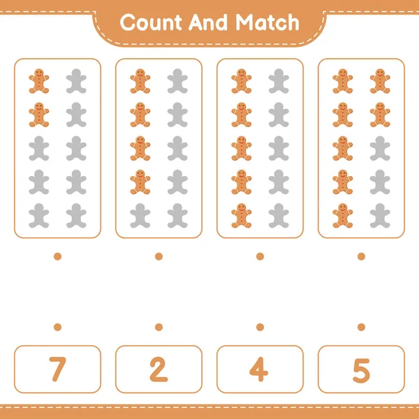 カウントして一致させ ジンジャーブレッドマンの数を数え 正しい数と一致させます 教育用子供ゲーム 印刷可能なワークシート ベクトルイラスト — ストックベクタ