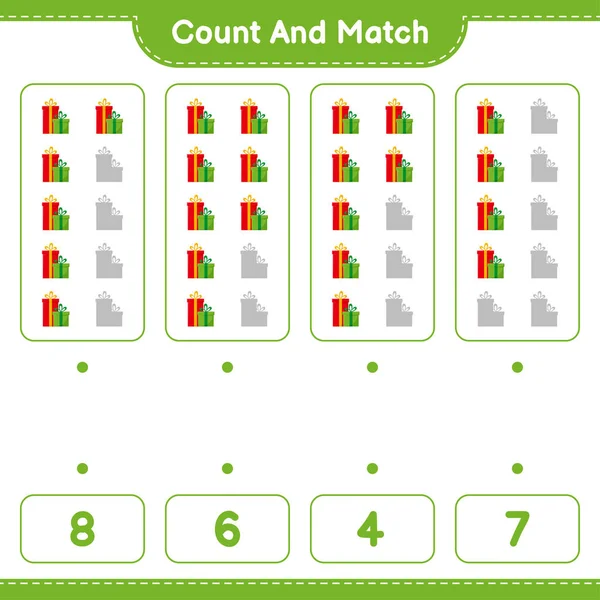 计数和匹配 计数礼品盒的数量 并与正确的数字匹配 教育儿童游戏 可打印工作表 矢量图解 — 图库矢量图片