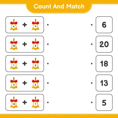 Say ve eşleştir, Altın Noel çanlarını say ve doğru rakamlarla eşleştir. Eğitimsel çocuk oyunu, yazdırılabilir çalışma tablosu, vektör illüstrasyonu