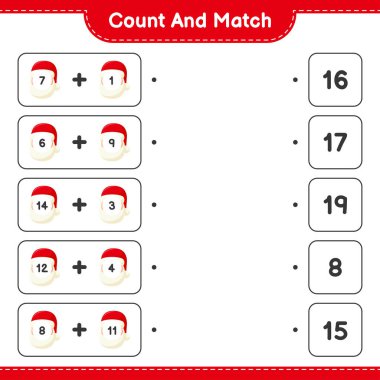Say ve eşleştir, Noel Baba sayısını say ve doğru rakamlarla eşleştir. Eğitimsel çocuk oyunu, yazdırılabilir çalışma tablosu, vektör illüstrasyonu