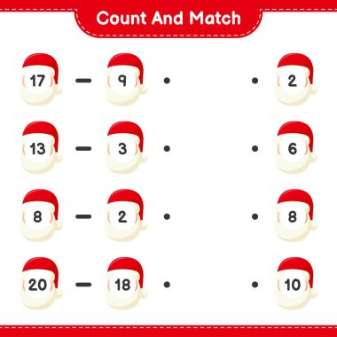 Say ve eşleştir, Noel Baba sayısını say ve doğru rakamlarla eşleştir. Eğitimsel çocuk oyunu, yazdırılabilir çalışma tablosu, vektör illüstrasyonu