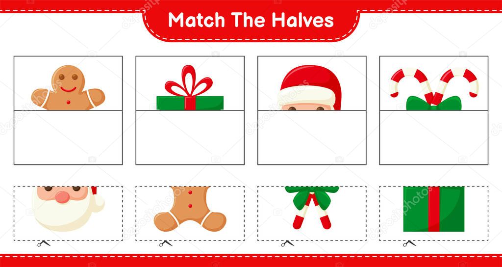 Match the halves. Match halves of Christmas Decoration. Educational children game, printable worksheet, vector illustration