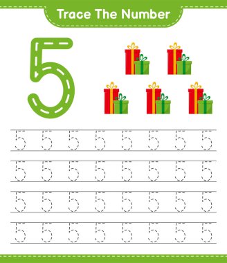 Numarayı takip et. Hediye kutularıyla birlikte takip numarası. Eğitimsel çocuk oyunu, yazdırılabilir çalışma tablosu, vektör illüstrasyonu