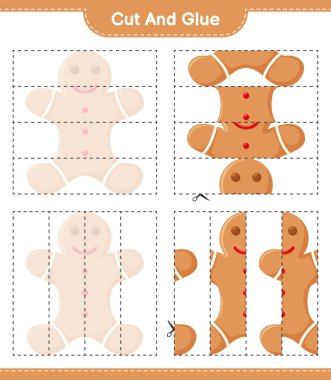 Kes ve yapıştır, Zencefilli Kurabiye Adam 'ın parçalarını kes ve yapıştır. Eğitimsel çocuk oyunu, yazdırılabilir çalışma tablosu, vektör illüstrasyonu