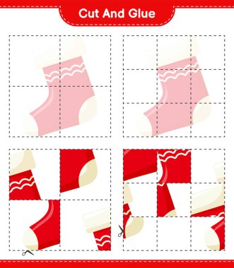 Kes ve yapıştır, Noel çorabının parçalarını kes ve yapıştır. Eğitimsel çocuk oyunu, yazdırılabilir çalışma tablosu, vektör illüstrasyonu