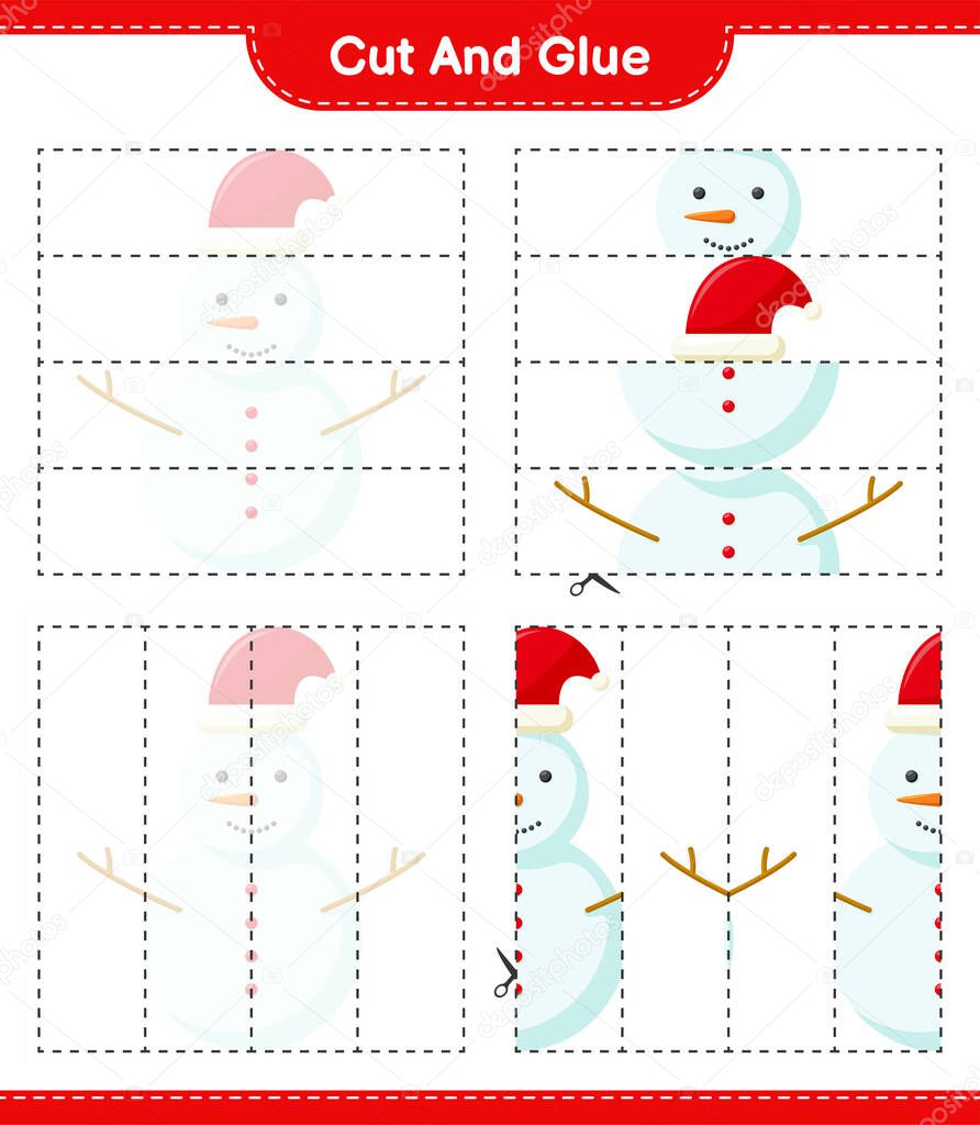 Cut and glue, cut parts of Snowman and glue them. Educational children game, printable worksheet, vector illustration